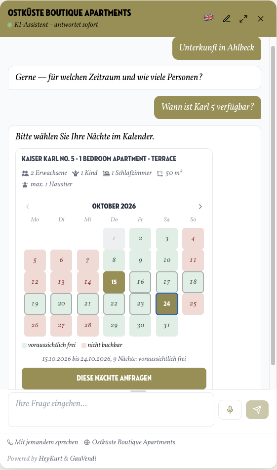 HeyKurt Chat: Verfügbarkeitskalender für ein einzelnes Apartment mit farblich markierten Nächten