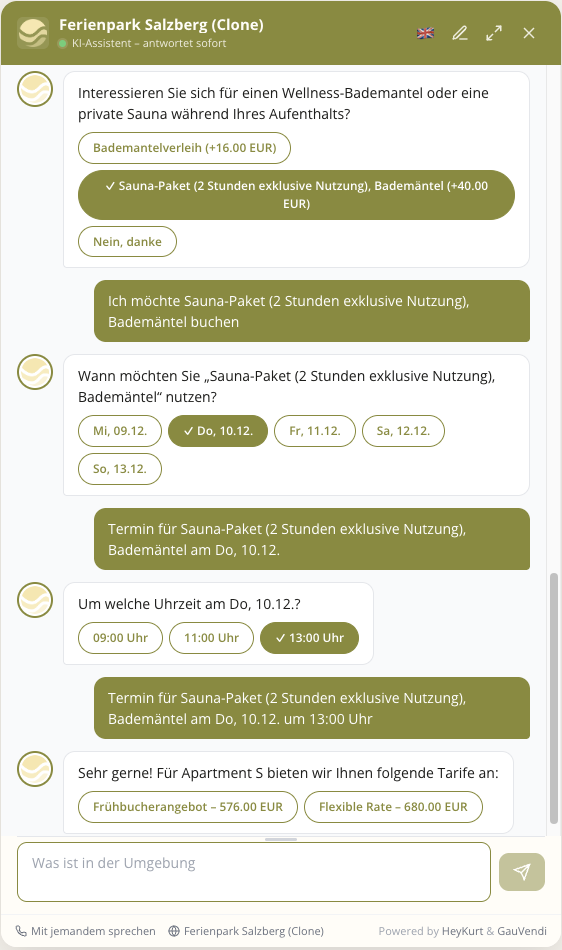 HeyKurt Chat: Extras einzeln abgefragt, danach zwei Ratenoptionen mit Stornobedingungen