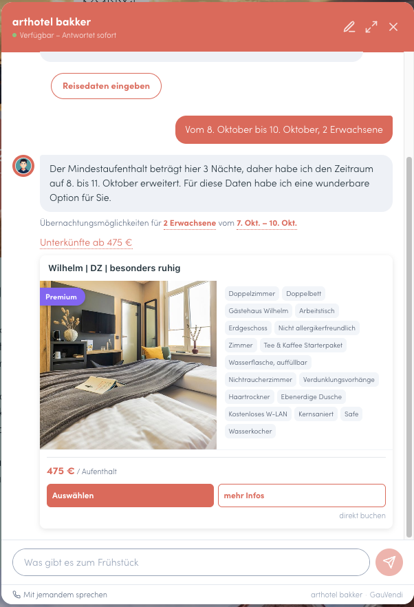 HeyKurt Chat (als „Fiete“ für arthotel bakker): Zeitraum automatisch auf den Mindestaufenthalt erweitert, mit Erklärung und Zimmerangebot