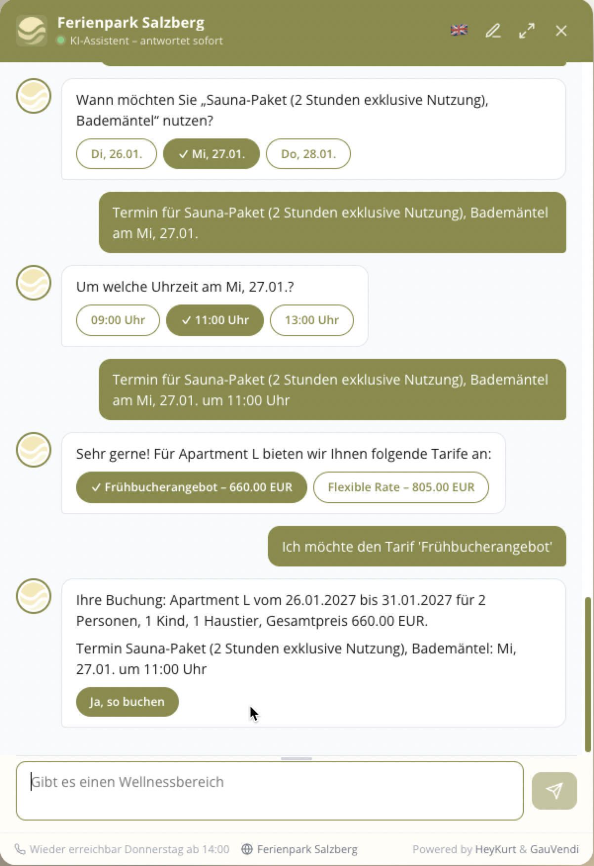 HeyKurt Widget: Terminwahl für Extras, Tarifauswahl und fertige Buchungsbestätigung