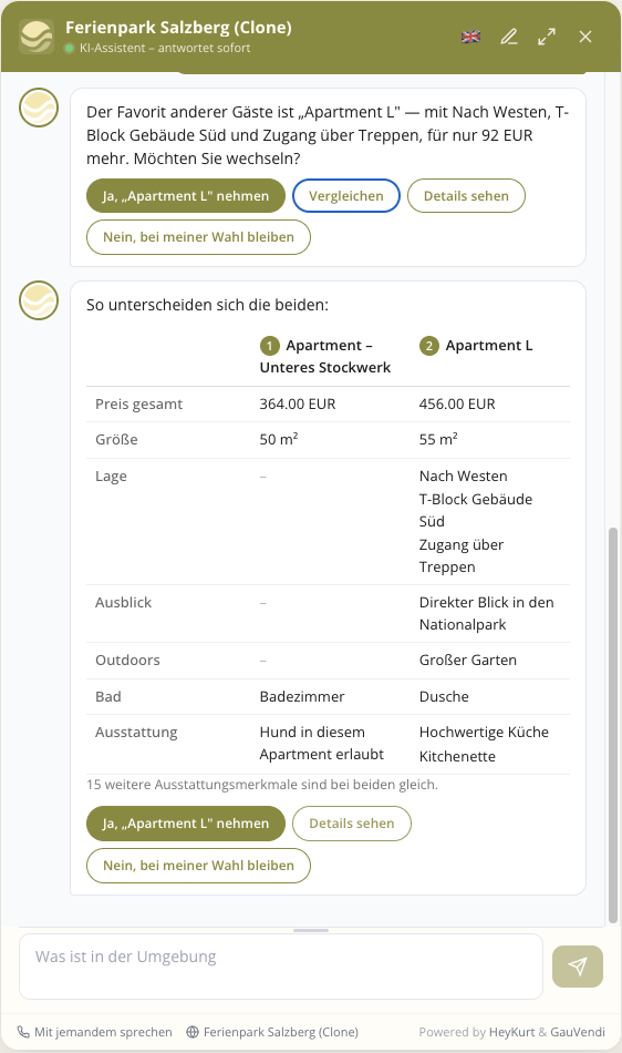 HeyKurt Widget: Vergleichstabelle zwischen zwei Apartments mit Upsell-Vorschlag