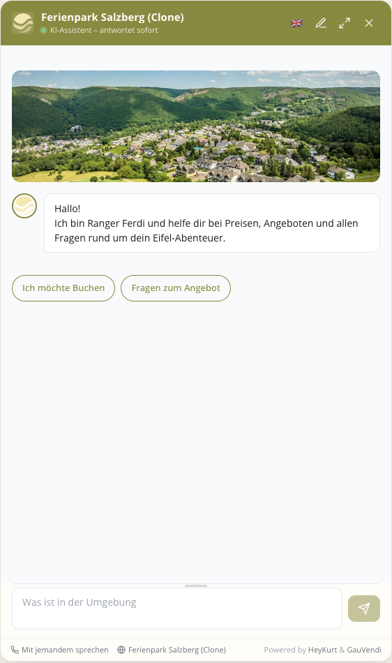 HeyKurt Widget: Begrüßung durch den KI-Assistenten mit Schnellauswahl-Buttons