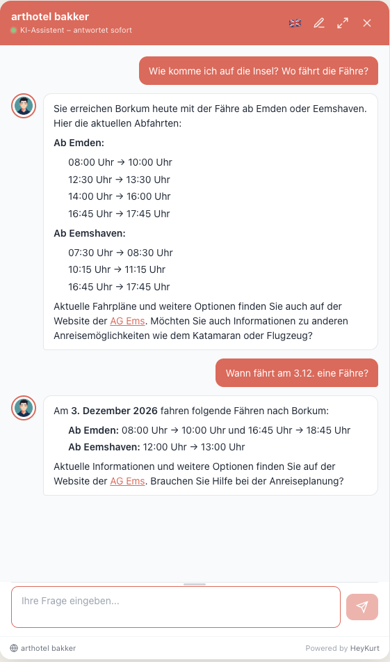 HeyKurt Widget: Fragen zur Anreise mit der Fähre, inklusive Abfahrtszeiten für ein bestimmtes Datum