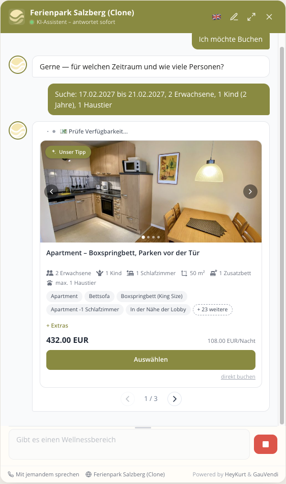 HeyKurt Widget: Verfügbarkeitsprüfung für den gewünschten Zeitraum und erstes Zimmerangebot mit Fotokarussell