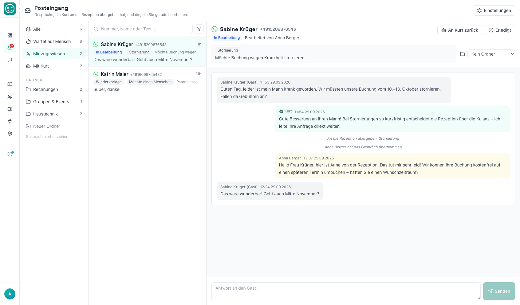 WhatsApp-Gespräch, das von Kurt an die Rezeption übergeben und von einer Mitarbeiterin übernommen wird