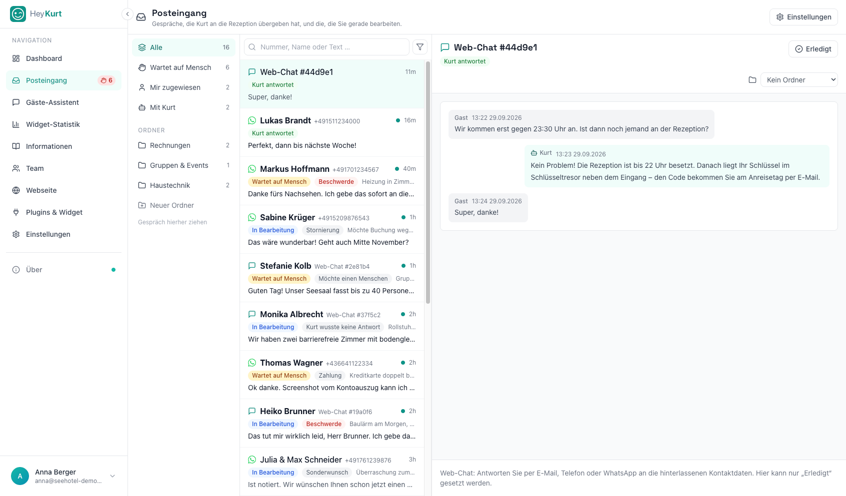HeyKurt Posteingang mit Gesprächsliste, Ordnern und Status-Badges