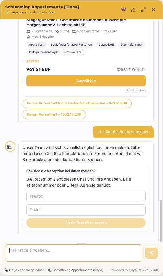 Gast-Widget: Hinweis, dass die Rezeption sich meldet, mit Feldern für Telefon und E-Mail