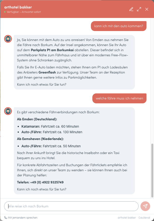 HeyKurt Chat: ausführliche Antwort zu Parkplatz, Ladesäulen und Fährverbindungen