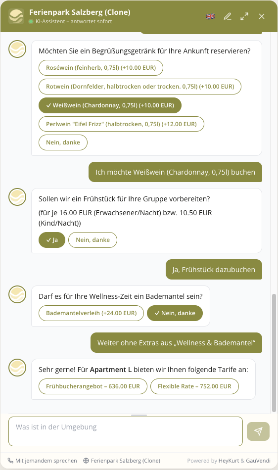 Extras und Tarife direkt im Gespräch auswählen.