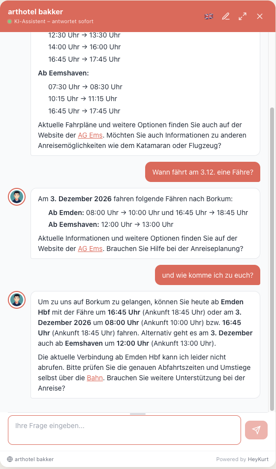 Live-Fährzeiten neben festen Angaben wie der Anreisebeschreibung.